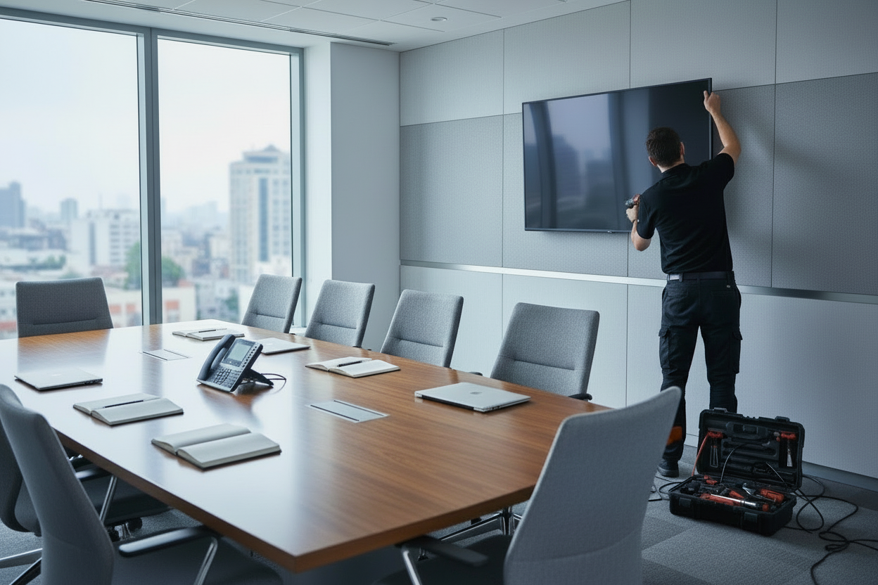 Man installing TV in conference room - plain shirt